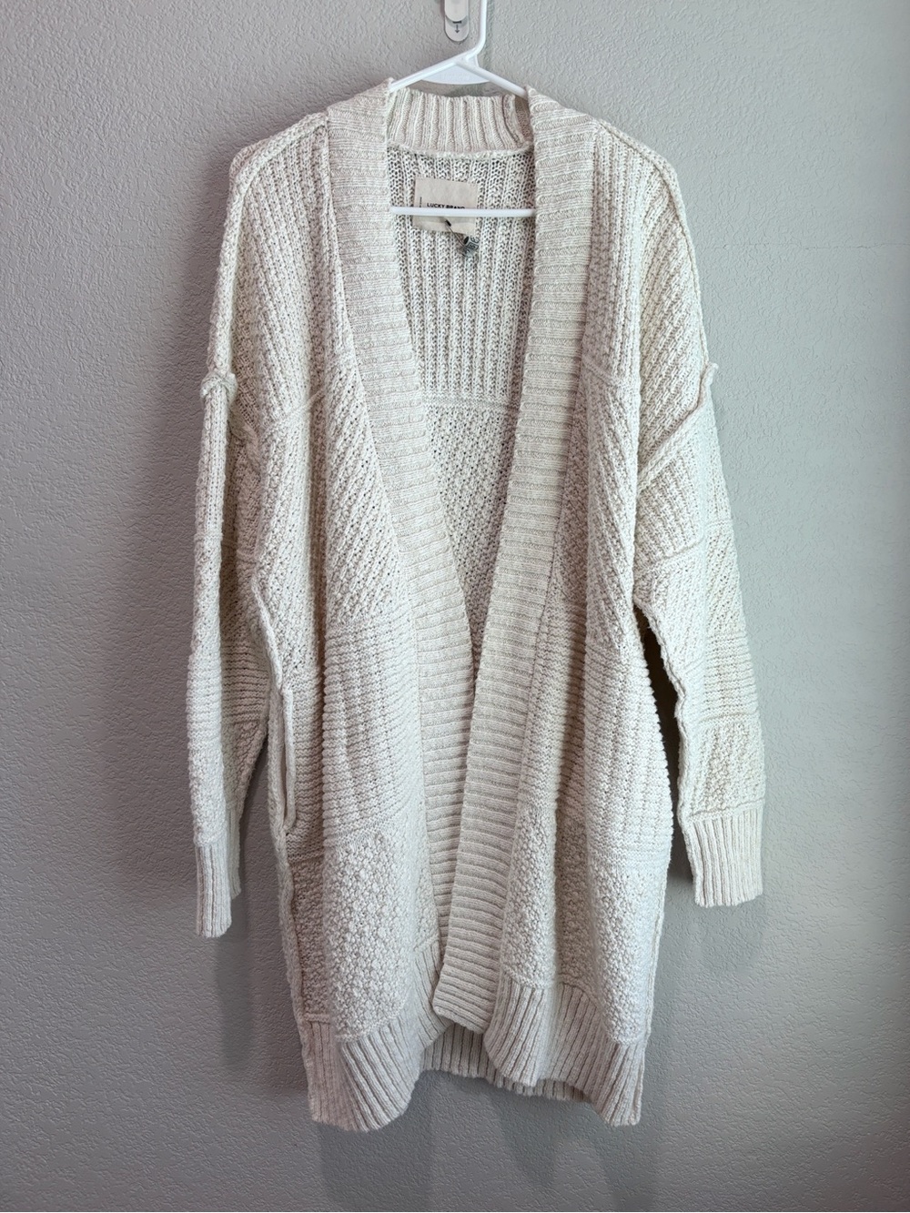 Lucky Brand Chunky Knit Open Front Cardigan Sweater Cream Women’s Size Large